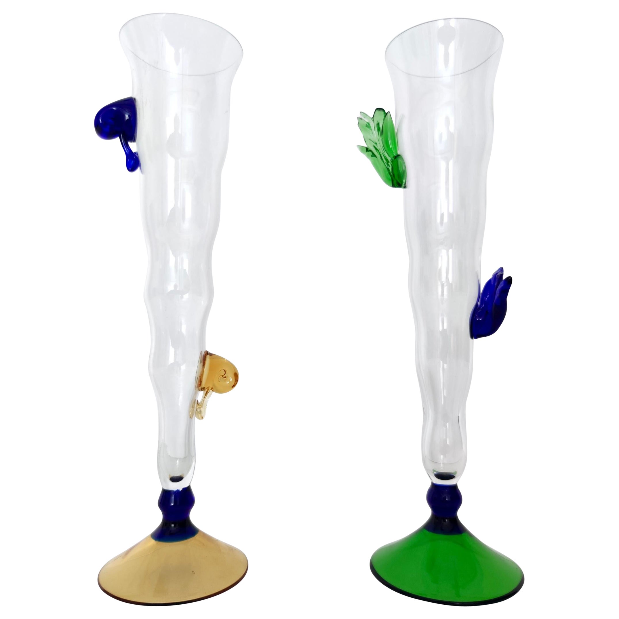 Pair of Transparent Murano Glass Flutes with Colored Details, Italy, 1980s For Sale