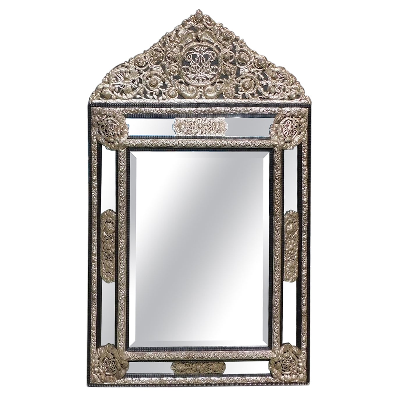 Italian Silver Gilt Embossed Foilate Wall Mirror with Ebonized Frame, Circa 1780 For Sale