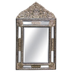 Antique Italian Silver Gilt Embossed Foilate Wall Mirror with Ebonized Frame, Circa 1780