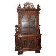 Antique Fine Quality Carved Walnut Renaissance Italian Figural Bookcase Vitrine