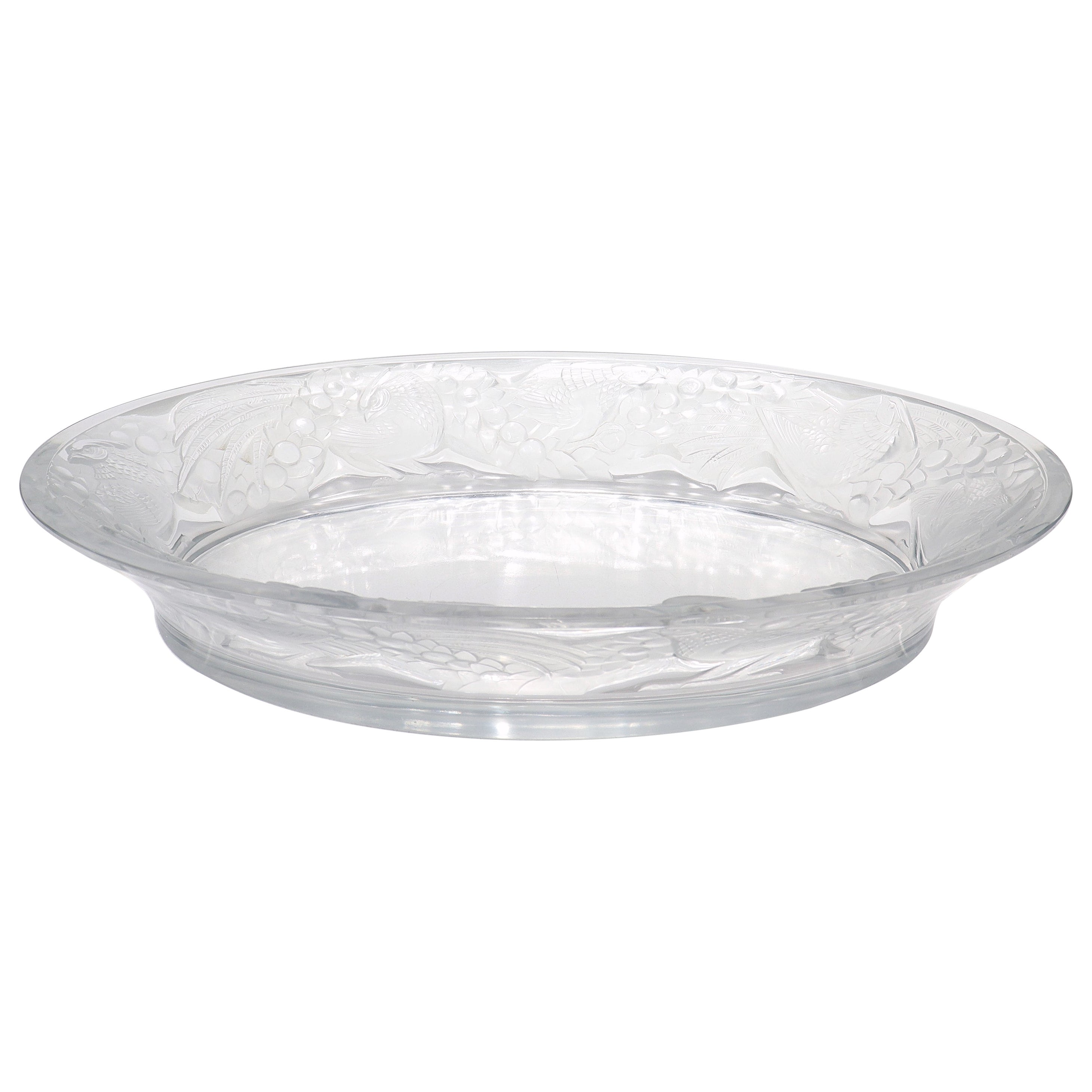 Antique Lalique Art Glass 'Faisans' Oval Bowl with Wide Rim Decor For Sale