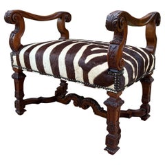 Antique French Bench Chair Settee Renaissance Revival Zebra Hide Walnut 19th C