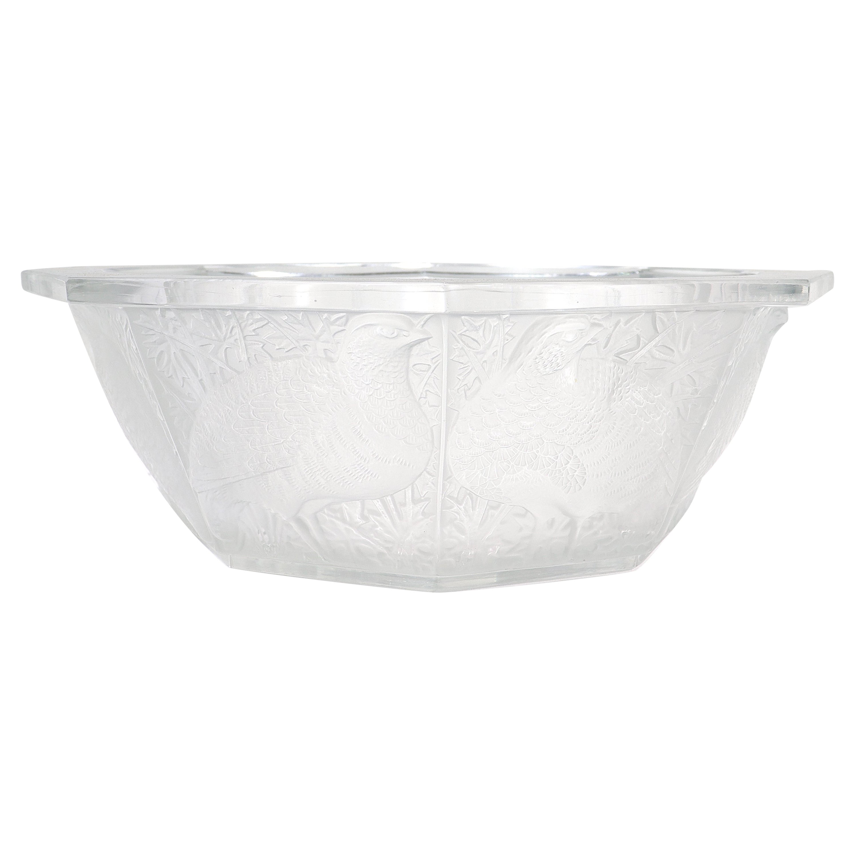 Antique Lalique French Art Glass "Caille" Frosted Octagonal Bowl For Sale