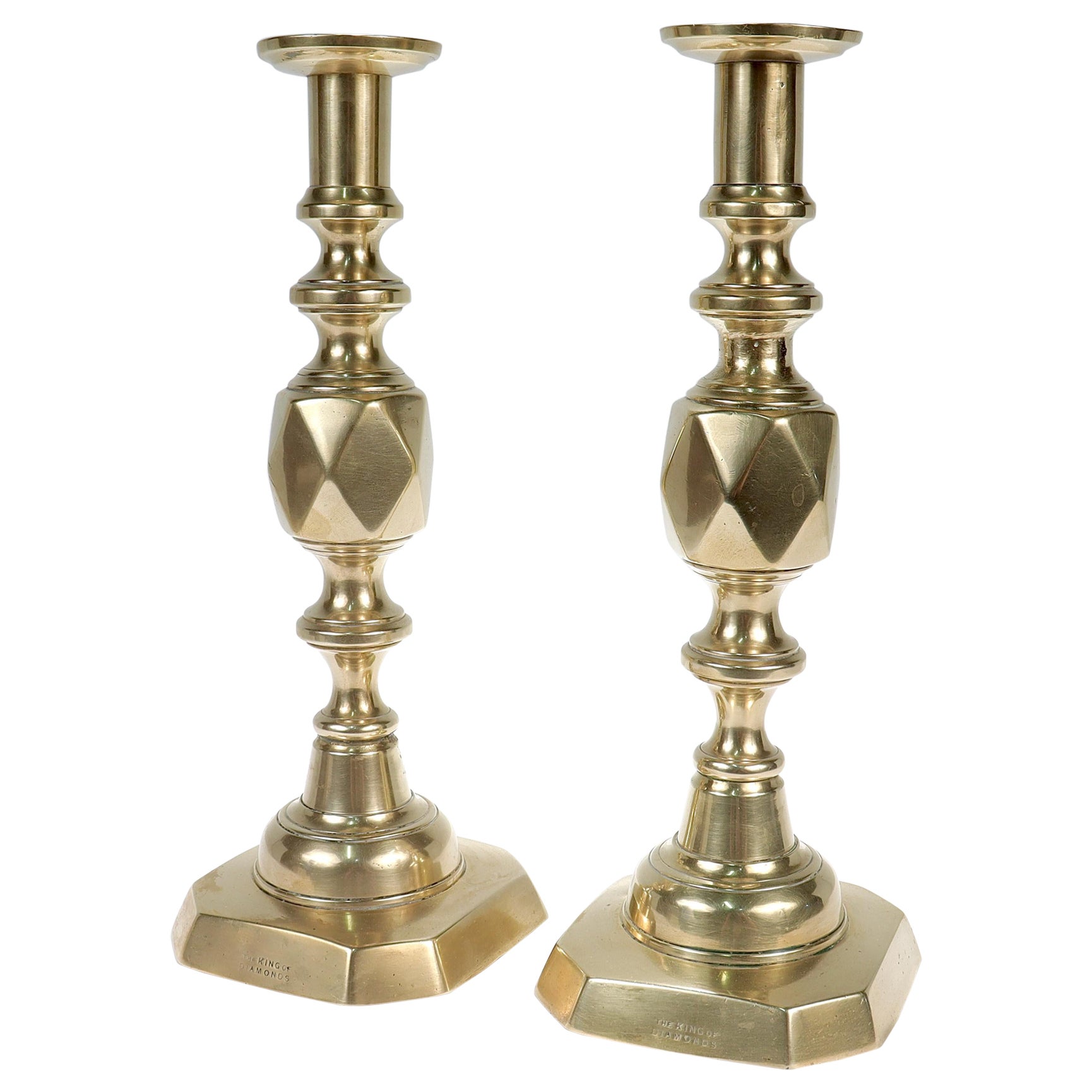 Pair of Antique English King of Diamonds Brass Candlesticks For Sale