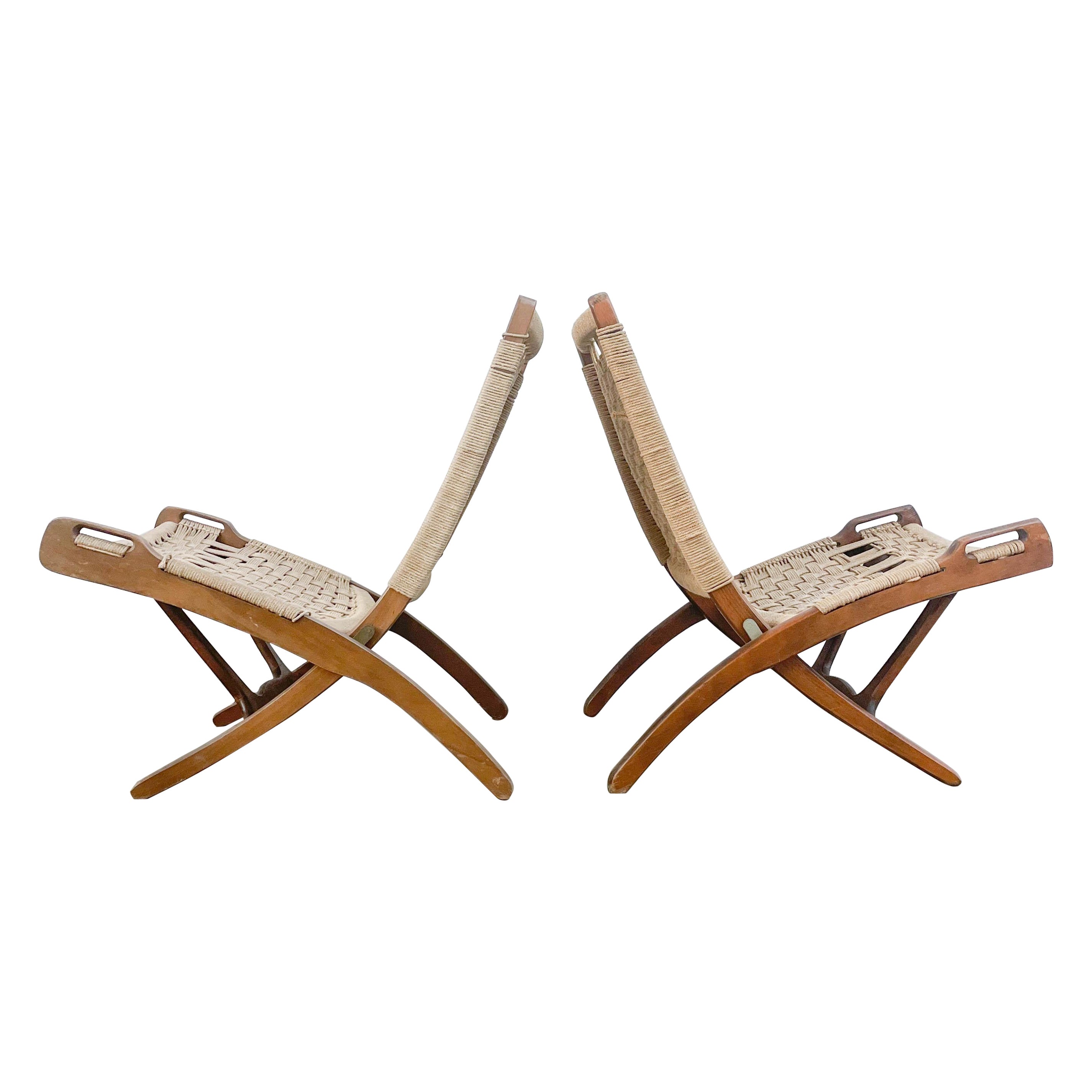 Mid Century Folding Rope Chairs in the Style of Hans Wegner