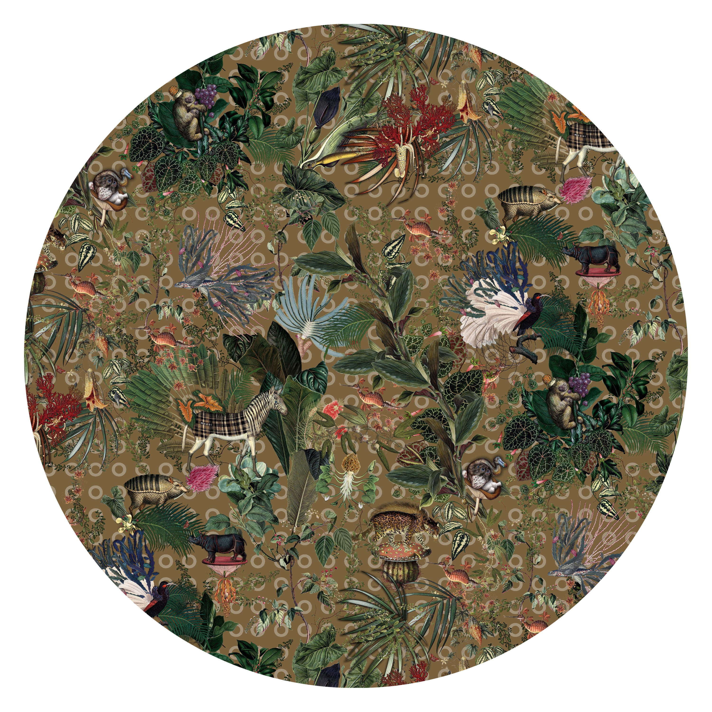 Moooi Large Menagerie of Extinct Animals Curry Round Rug in Low Pile Polyamide