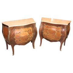 Pair Highly Ornamented Bronze Mounted Mahogany Marquetry Marble Top Nightstands