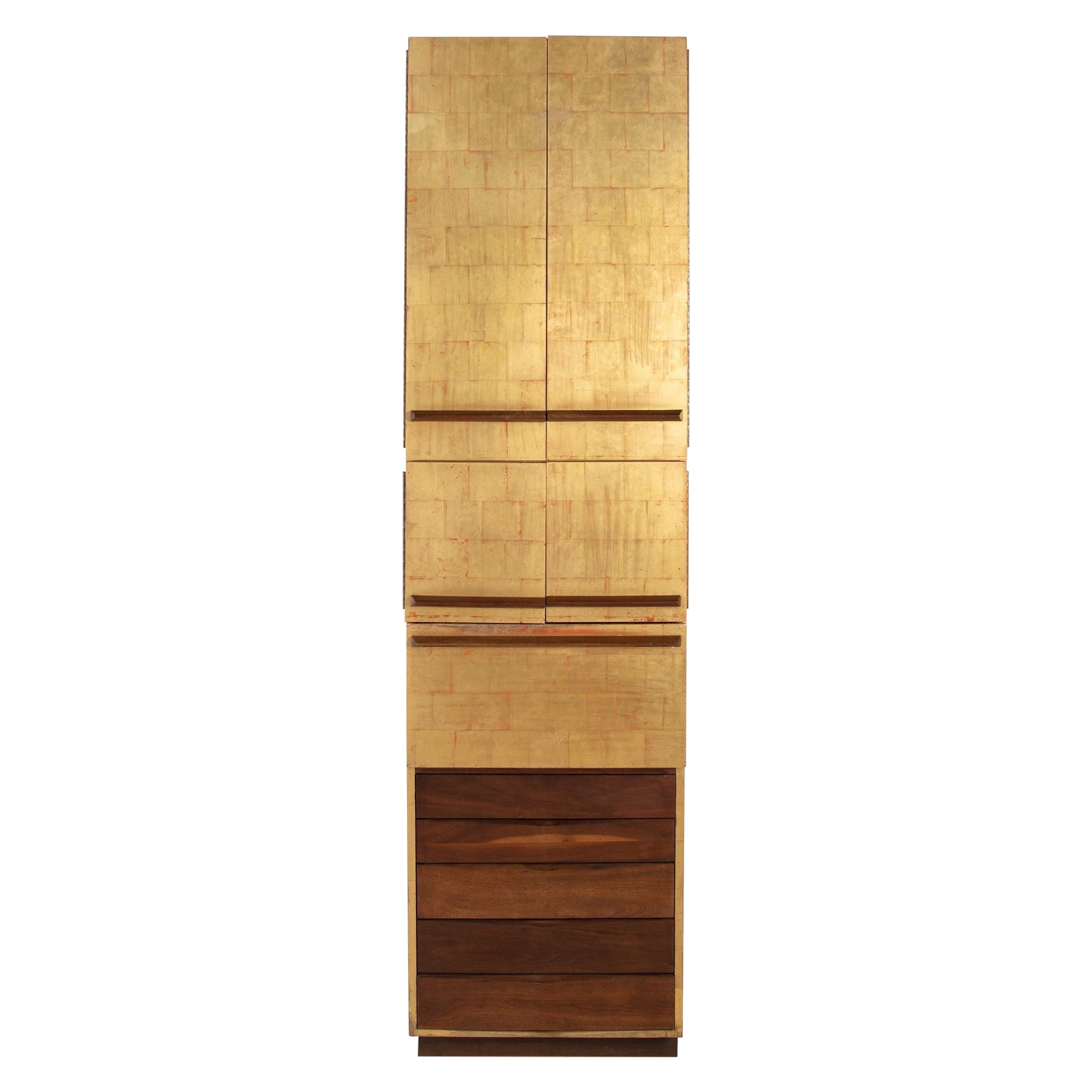 Paul Evans and Phillip Lloyd Powell Gold Leaf and Walnut Studio Cabinet, 1963