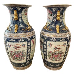 Pair of Monumental Tall Chinese Rose Medallion Porcelain Urns Vases