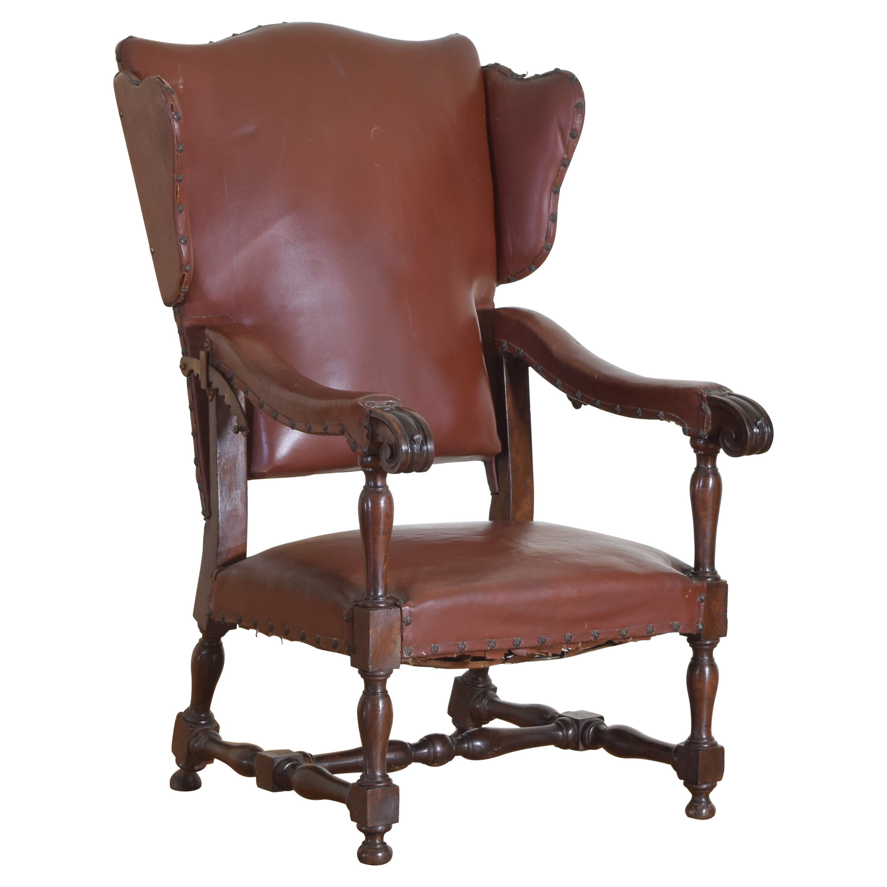 Italian Late Baroque Walnut & Upholstered Reclining Ratchet Armchair, ca. 1715 For Sale