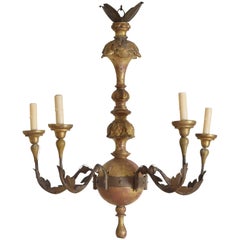 Italian Neoclassical Revival Period Giltwood & Iron 5-Light Chandelier, 3q 19thC
