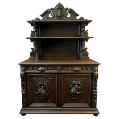 Antique 19th Century French Sideboard Server Buffet Hunt Cabinet Black Forest Oak Boar