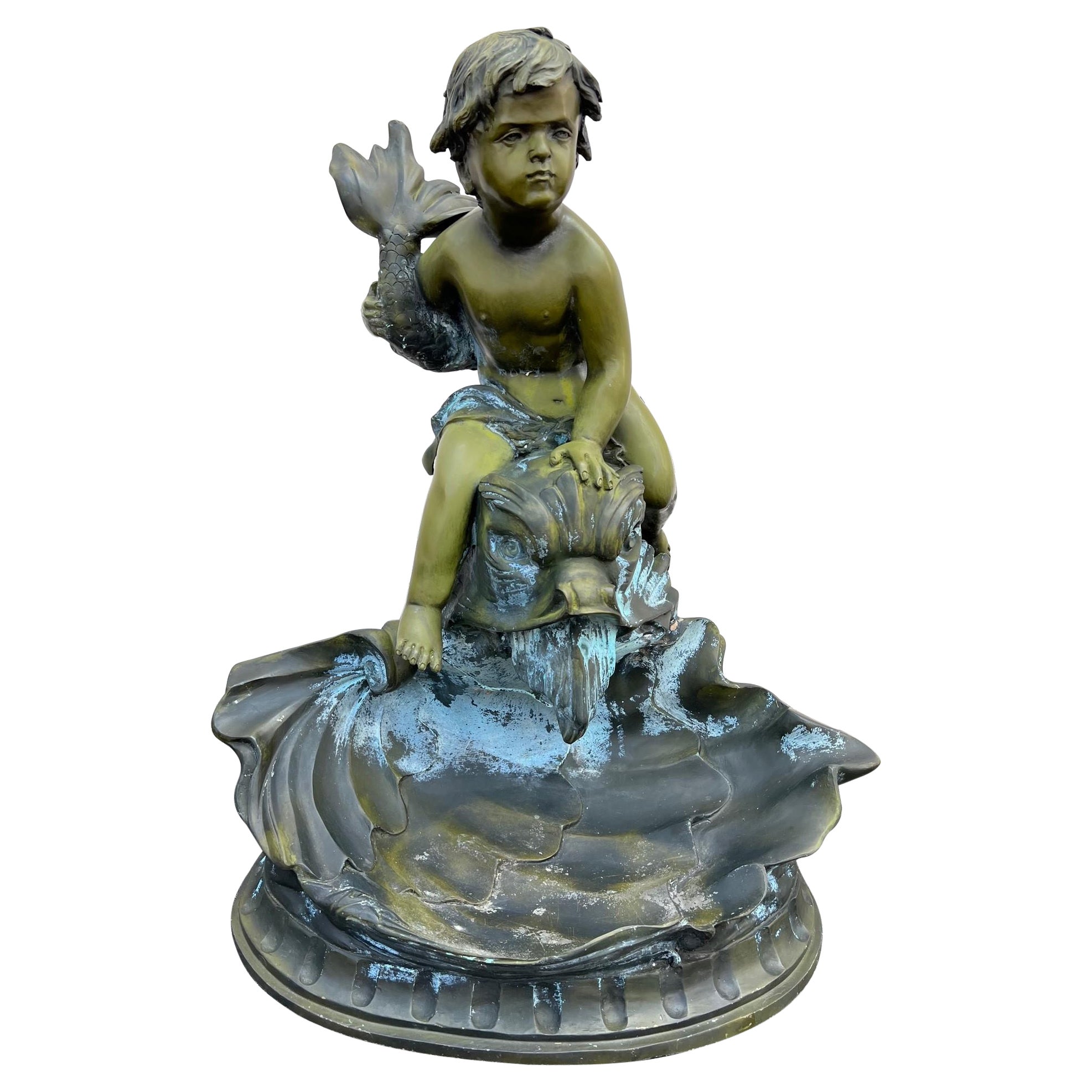 Late 20th Century Bronze Boy on Dolphin Fish with Shell Fountain