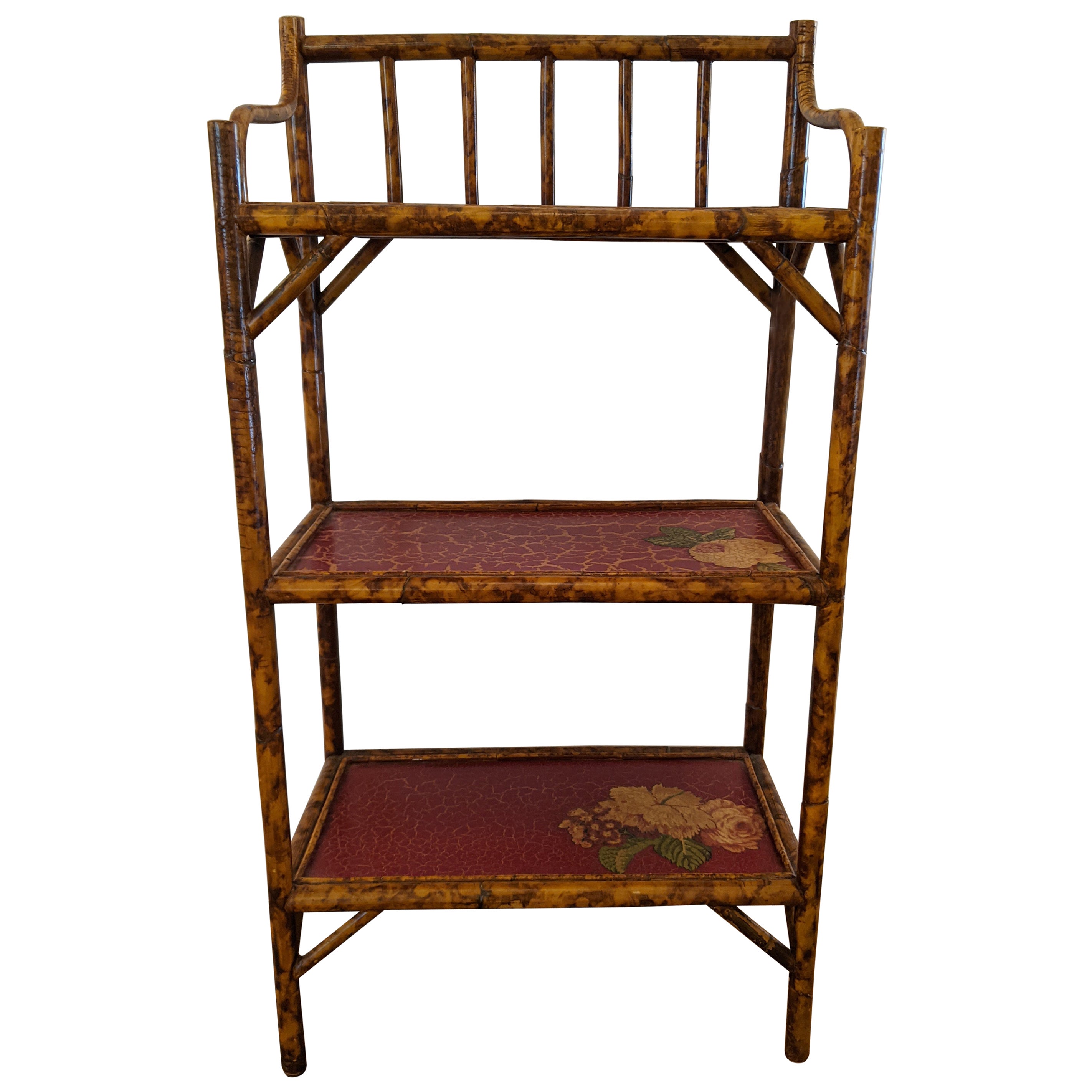 Lovely 3 Tier Vintage Bamboo Shelving Unit with Faux Painted Shelves For Sale