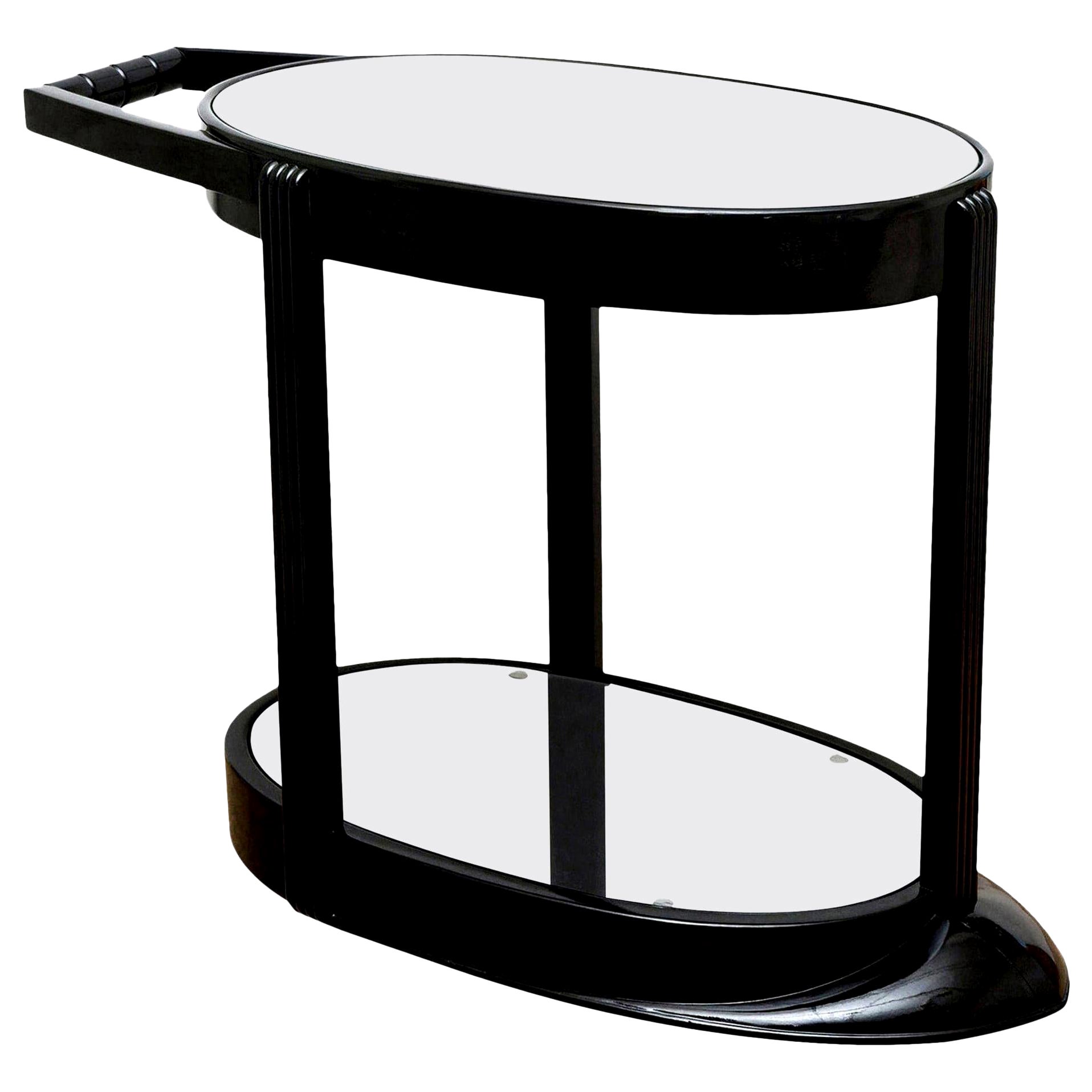 Art Deco Ebonized Wood and Glass Moderne Bar Cart or Trolley Vintage For Sale