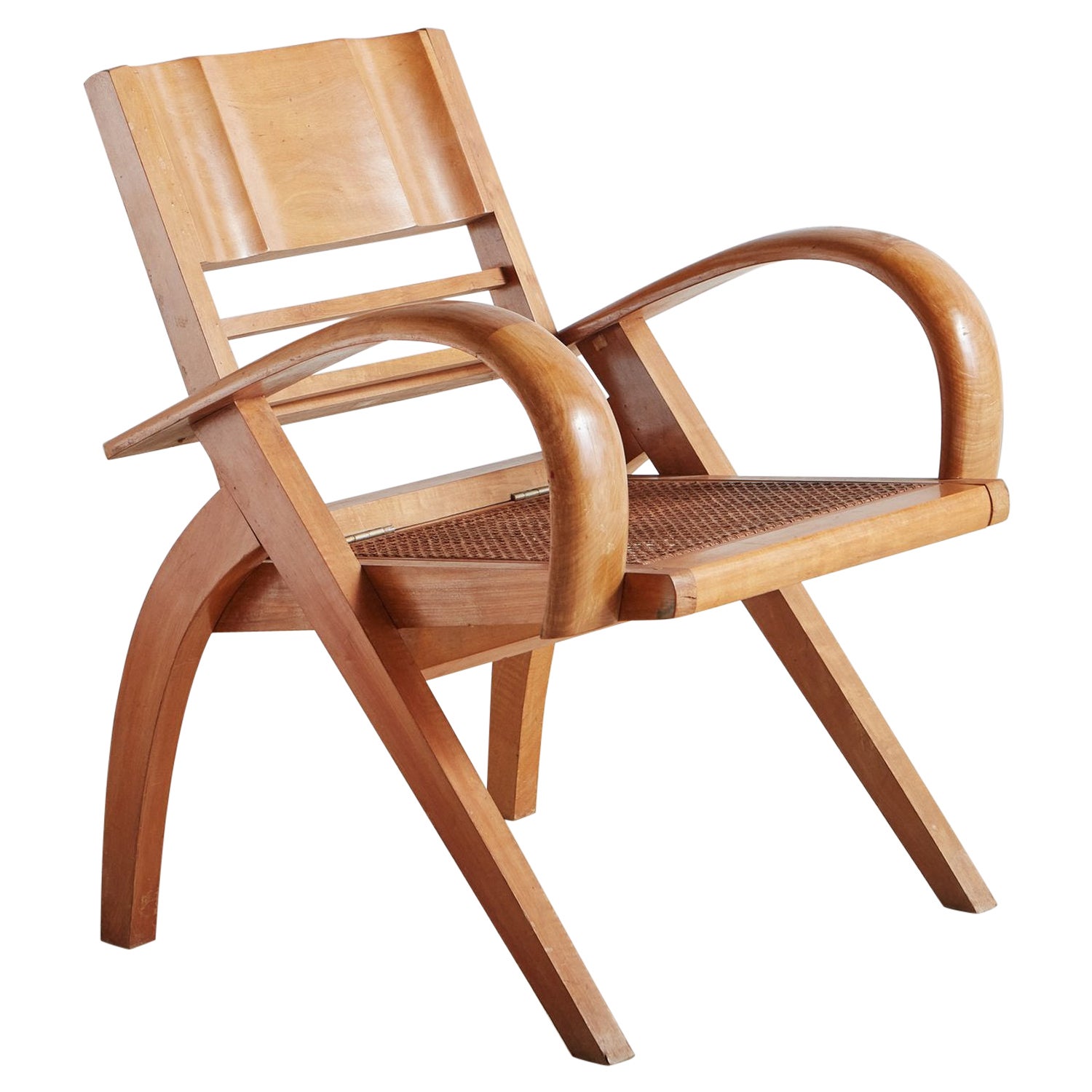 Maple Wood Folding Chair with Cane Seat, France 20th Century