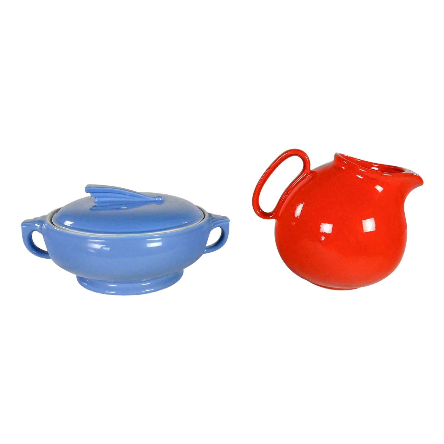 Vintage Red Pitcher by Waechtersbach Germany & Blue Hall Sundial Casserole Dish For Sale
