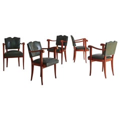 Set of 5 Wood + Green Leather Art Deco Dining Chairs, France, 20th Century