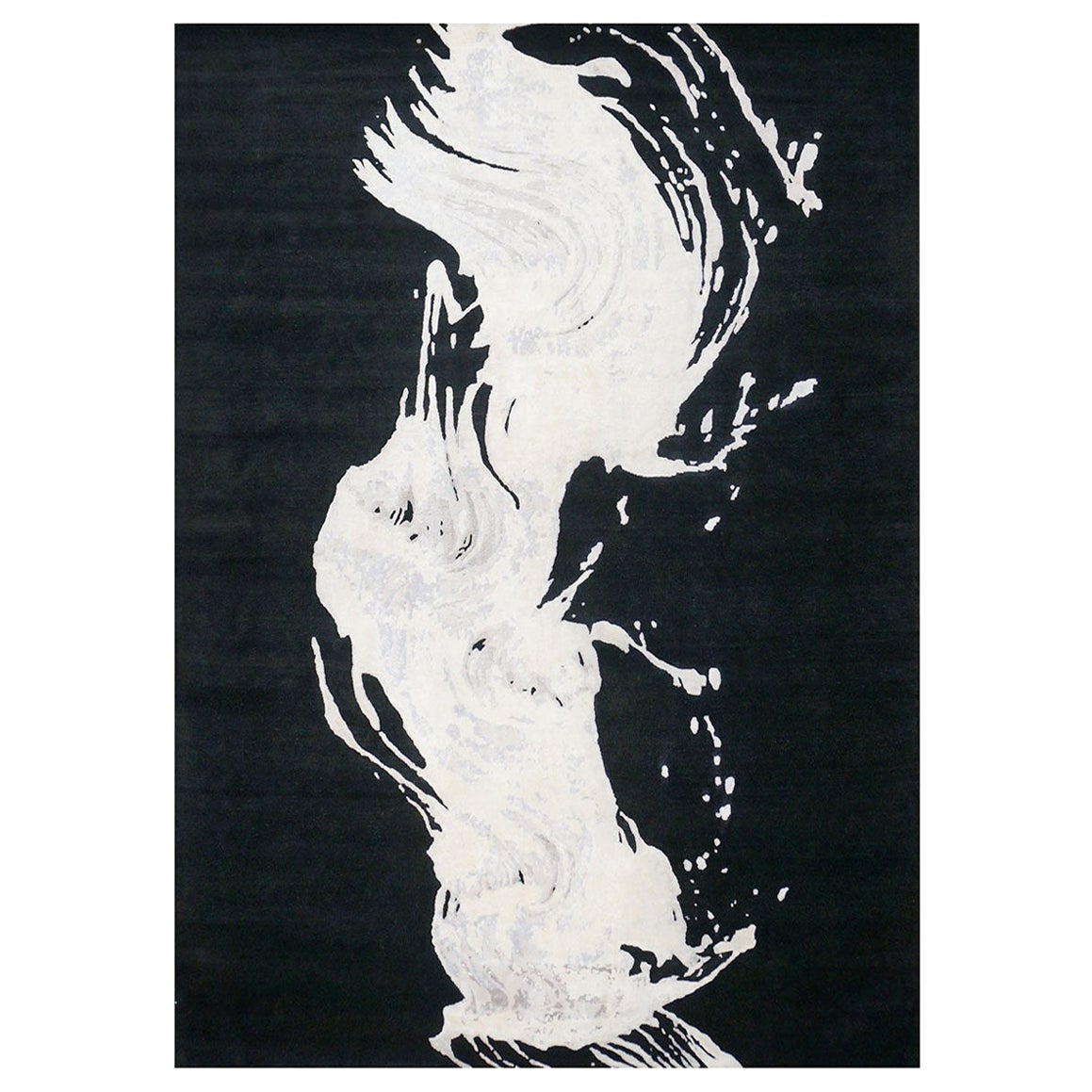 Tapis moderne du 21e siècle en laine et soie 9x12 à motif de vagues noires et blanches, fait à la main