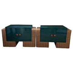 Pair of Modern Green Laminate and Rattan Bedside Tables with Storage