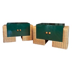 Pair of Modern Green Laminate and Rattan Bedside Tables with Storage