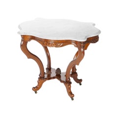 Antique Victorian Carved Walnut & Marble Turtle Top Parlor Table Circa 1890