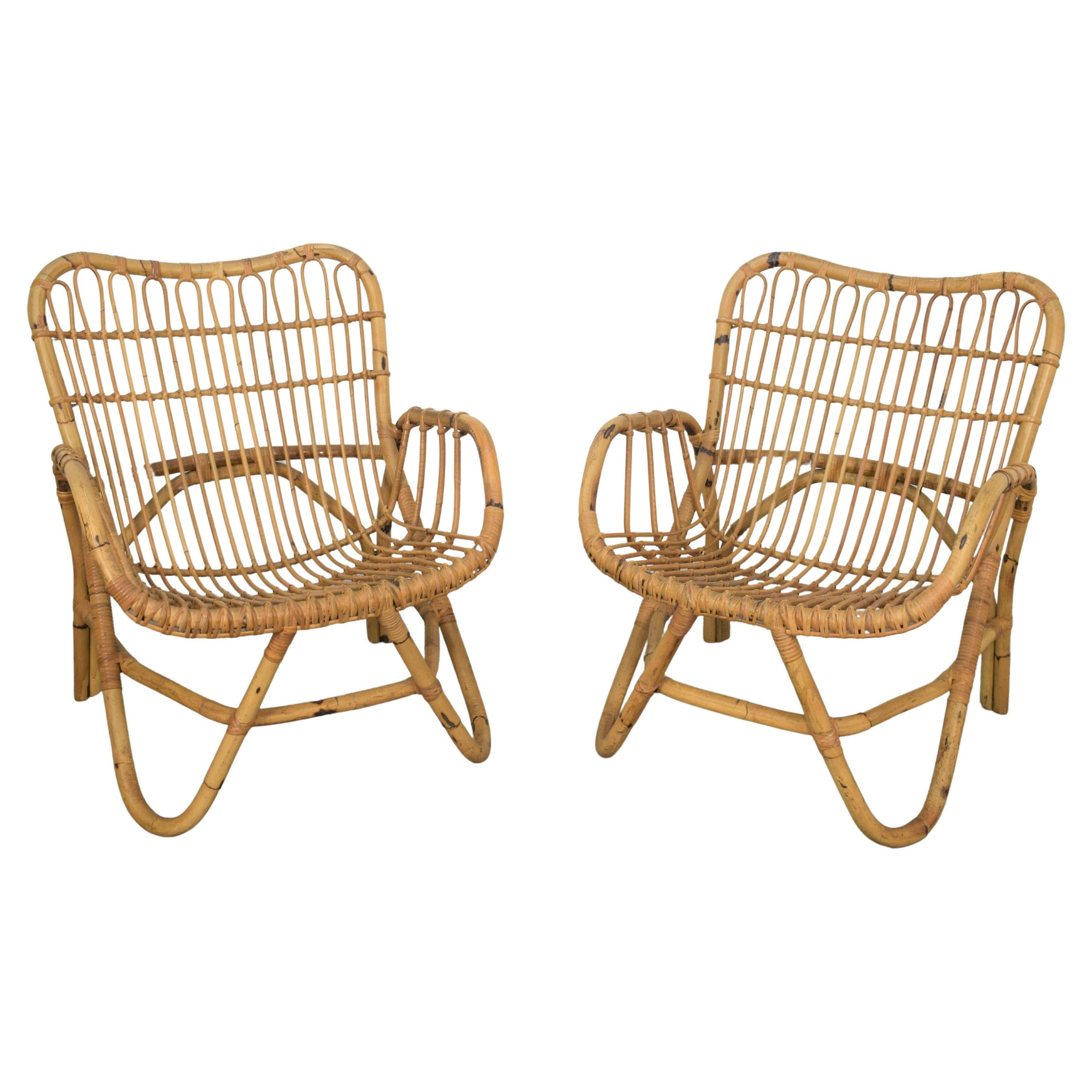 Paire de fauteuils italiens en bambou de Tito Agnoli, années 1960