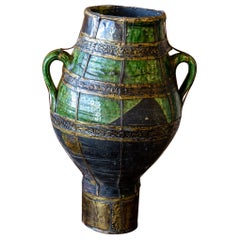 Ceramic and Inlaid Brass Tamegroute Berber Vase, c1920