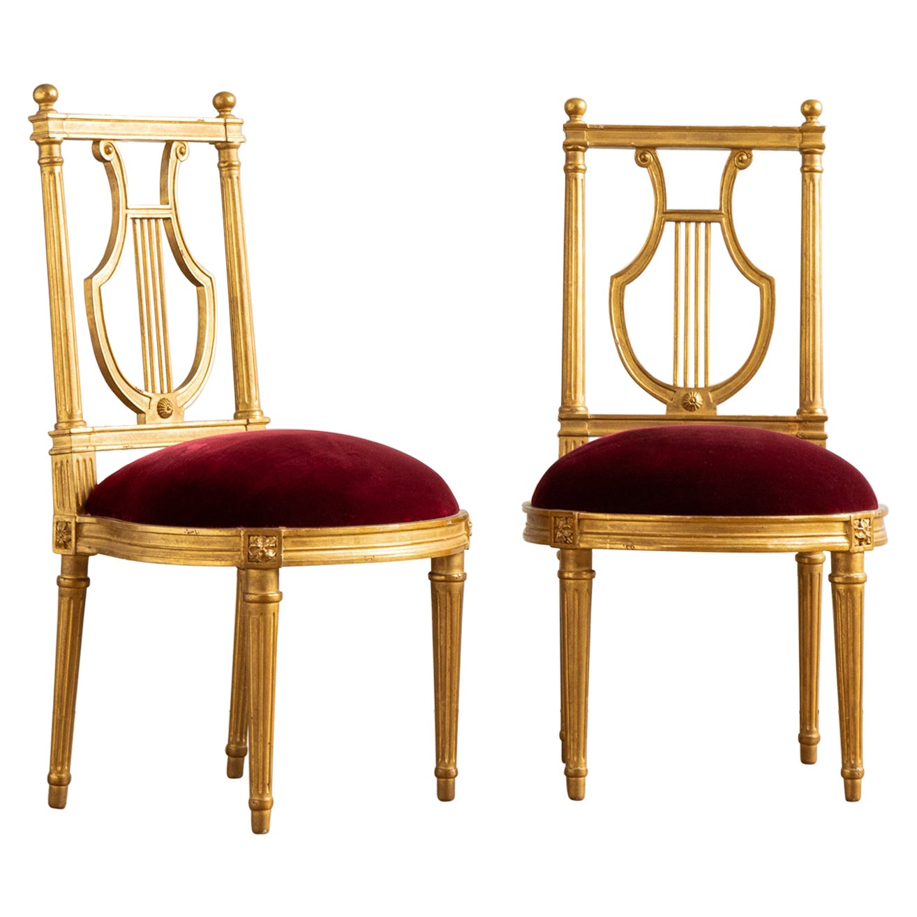 Louis XVI Gilded Lyre Chairs with Deep Red Velvet Inspired by Jacob For Sale