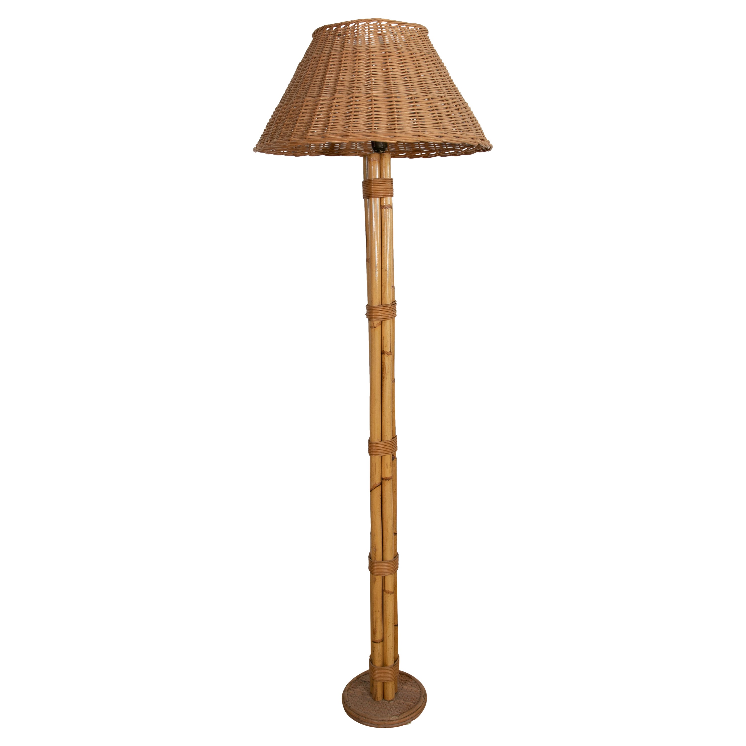 1970s, Spanish Bamboo Floor Lamp with Wicker Lampshade 