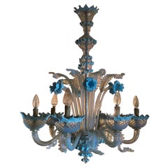 Venetian Murano Blue Opaline Six Arms Chandelier, Italy