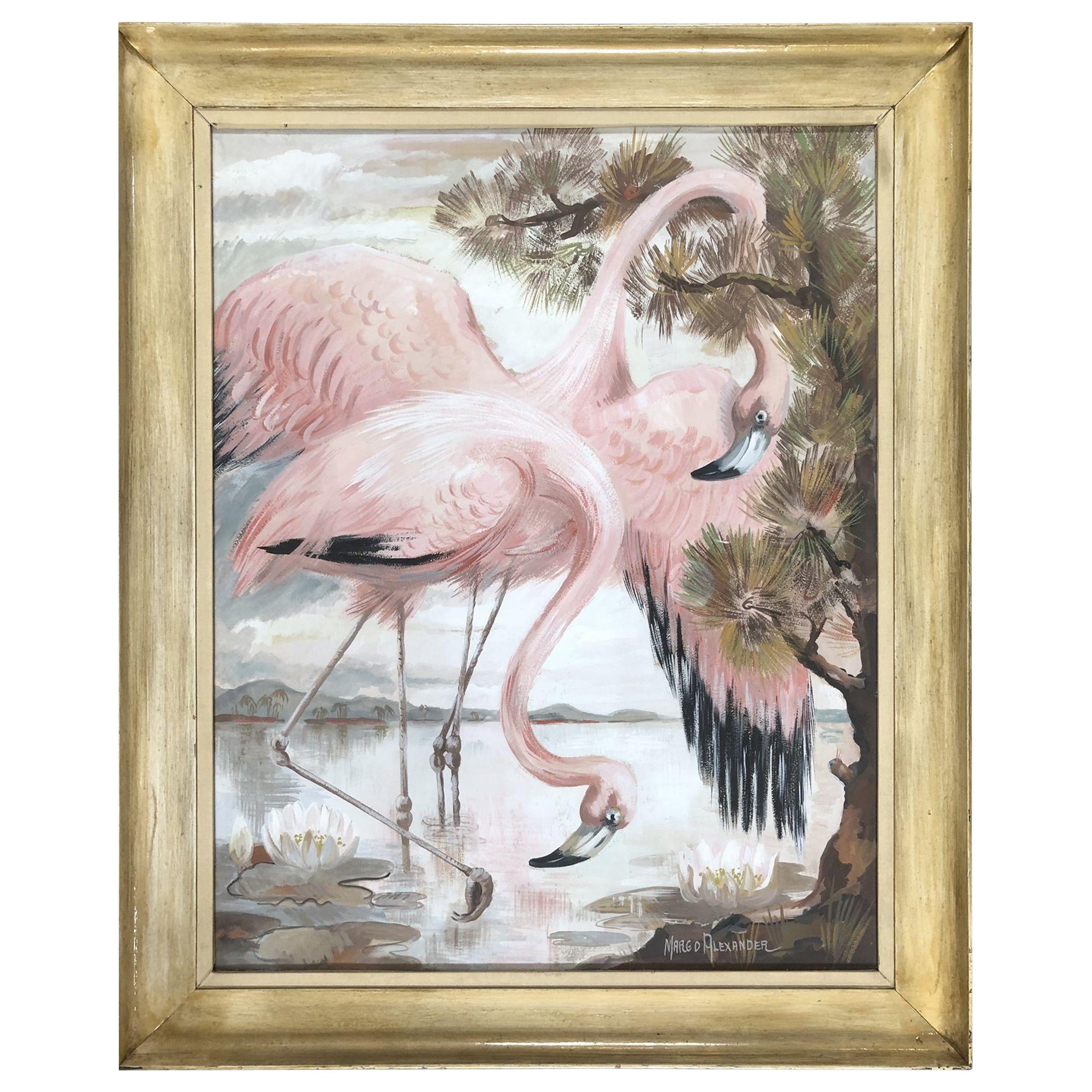 Vintage Post War Airbrush Painting Tropical Flamingo by Margeo Alexander