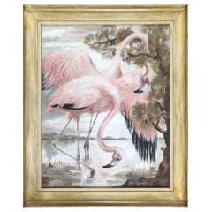 Vintage Post War Airbrush Painting Tropical Flamingo by Margeo Alexander