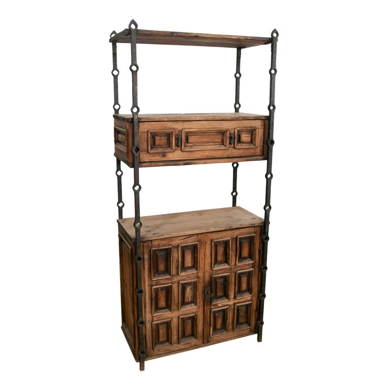 1970s, Spanish, Iron Shelving with Wooden Drawers and Doors For Sale at