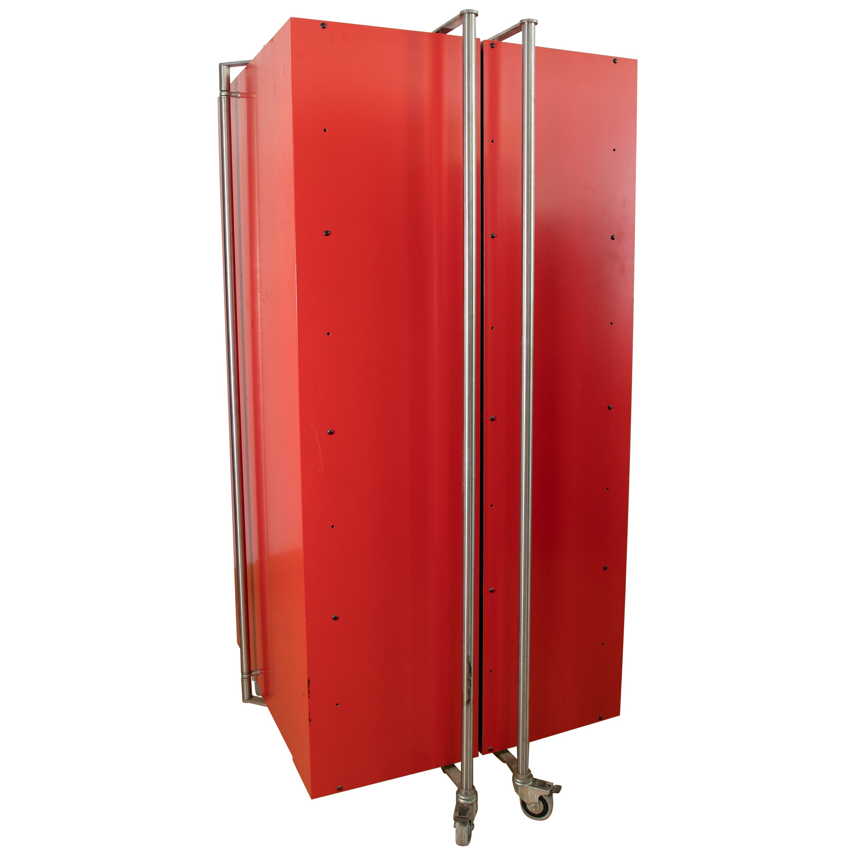 German Travel Wardrobe in Red Painted Metal with Steel Handles For Sale