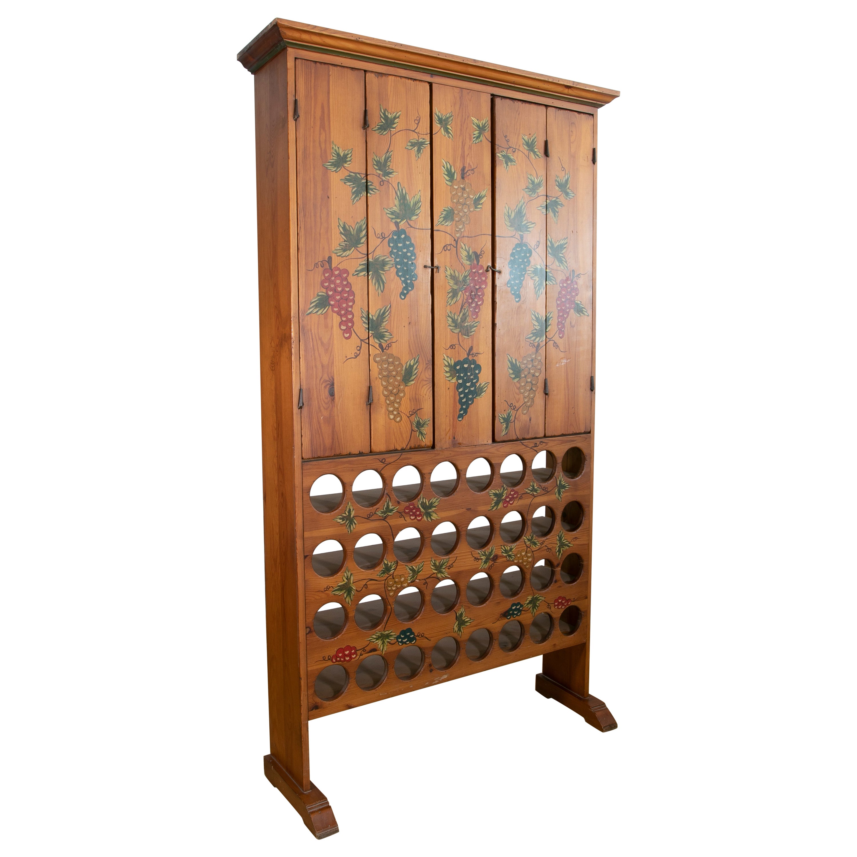 Spanish Hand Painted Wooden Wine Bottle Cabinet and Doors For Sale
