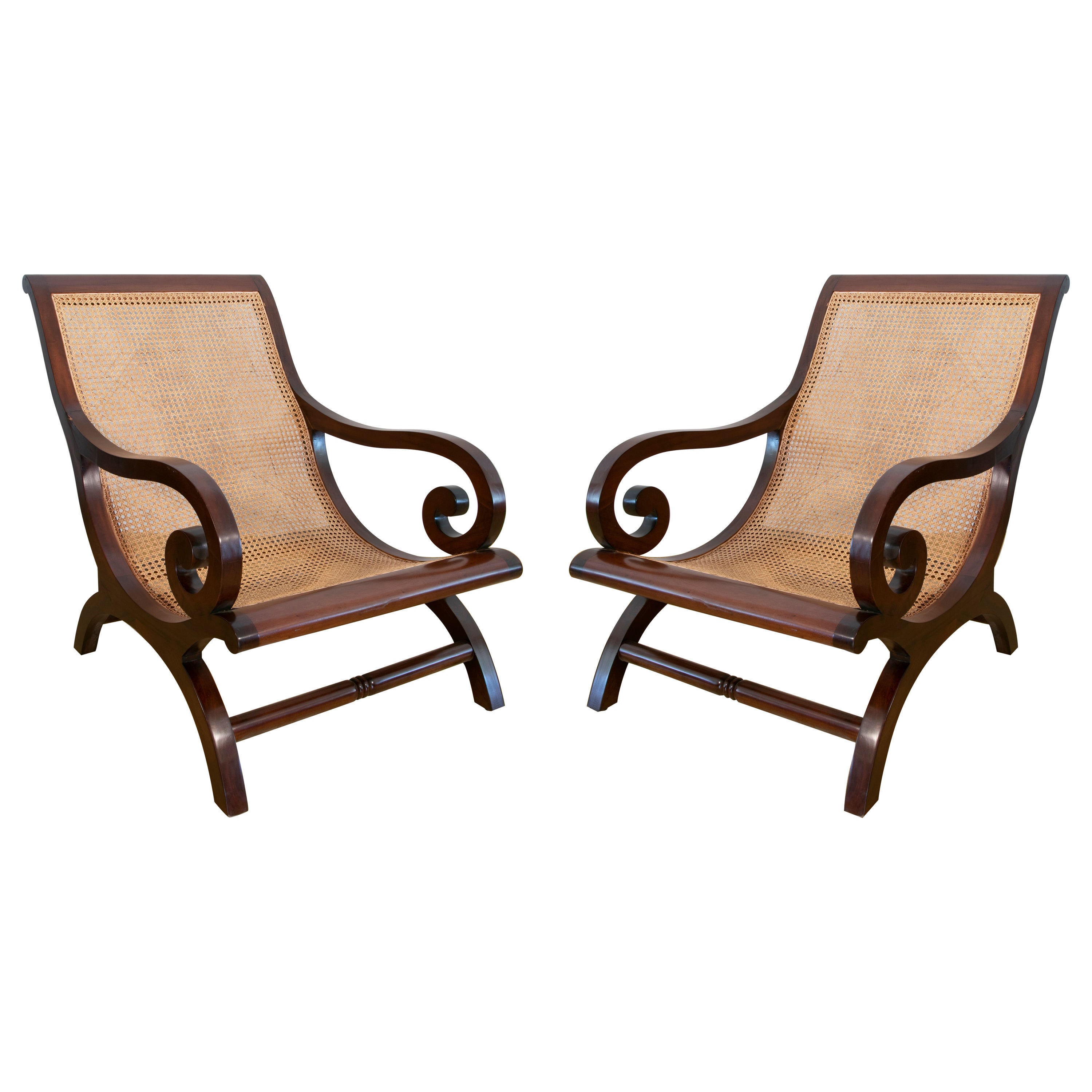 Pareja de Sillones de Madera de Caoba con Asientos de Rejilla de Mimbre