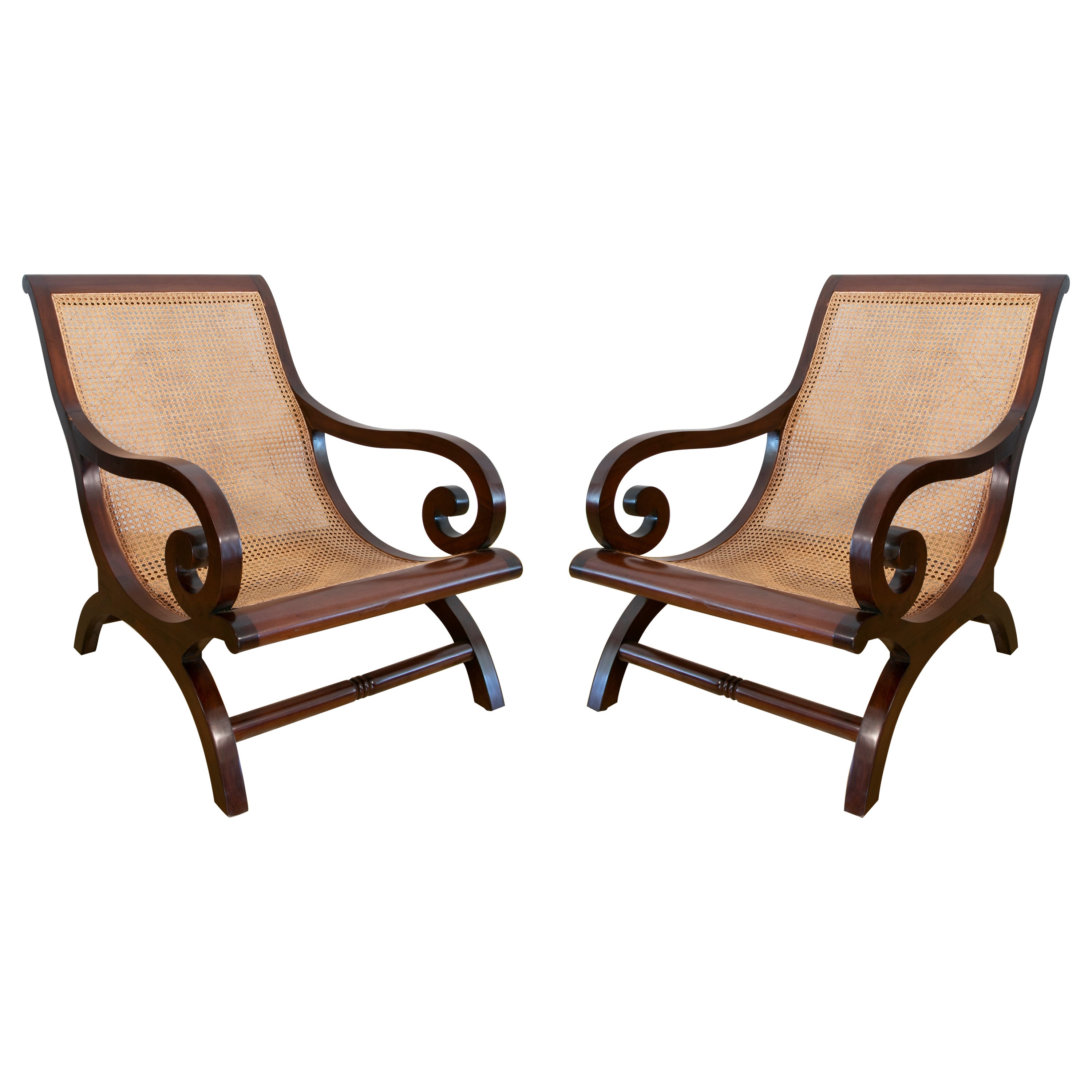 Pair of Mahogany Wooden Armchairs with Wicker Grid Seats