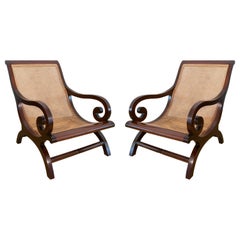Retro Pair of Mahogany Wooden Armchairs with Wicker Grid Seats