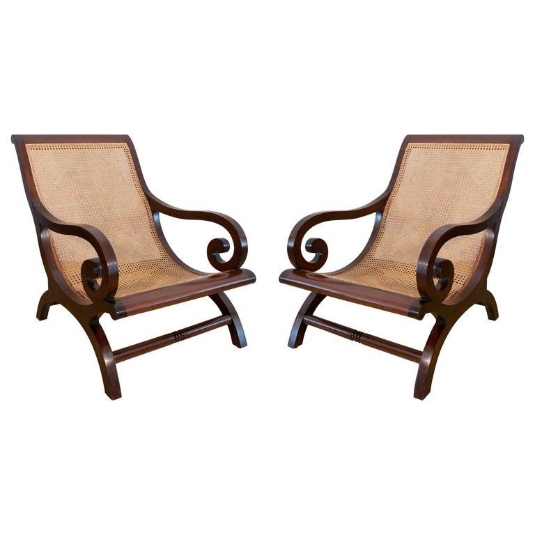 Pair of Mahogany Wooden Armchairs with Wicker Grid Seats For Sale at