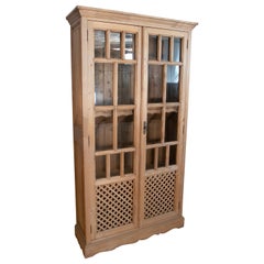 Vintage Spanish Wooden Cabinet with Glass Doors and Latticework