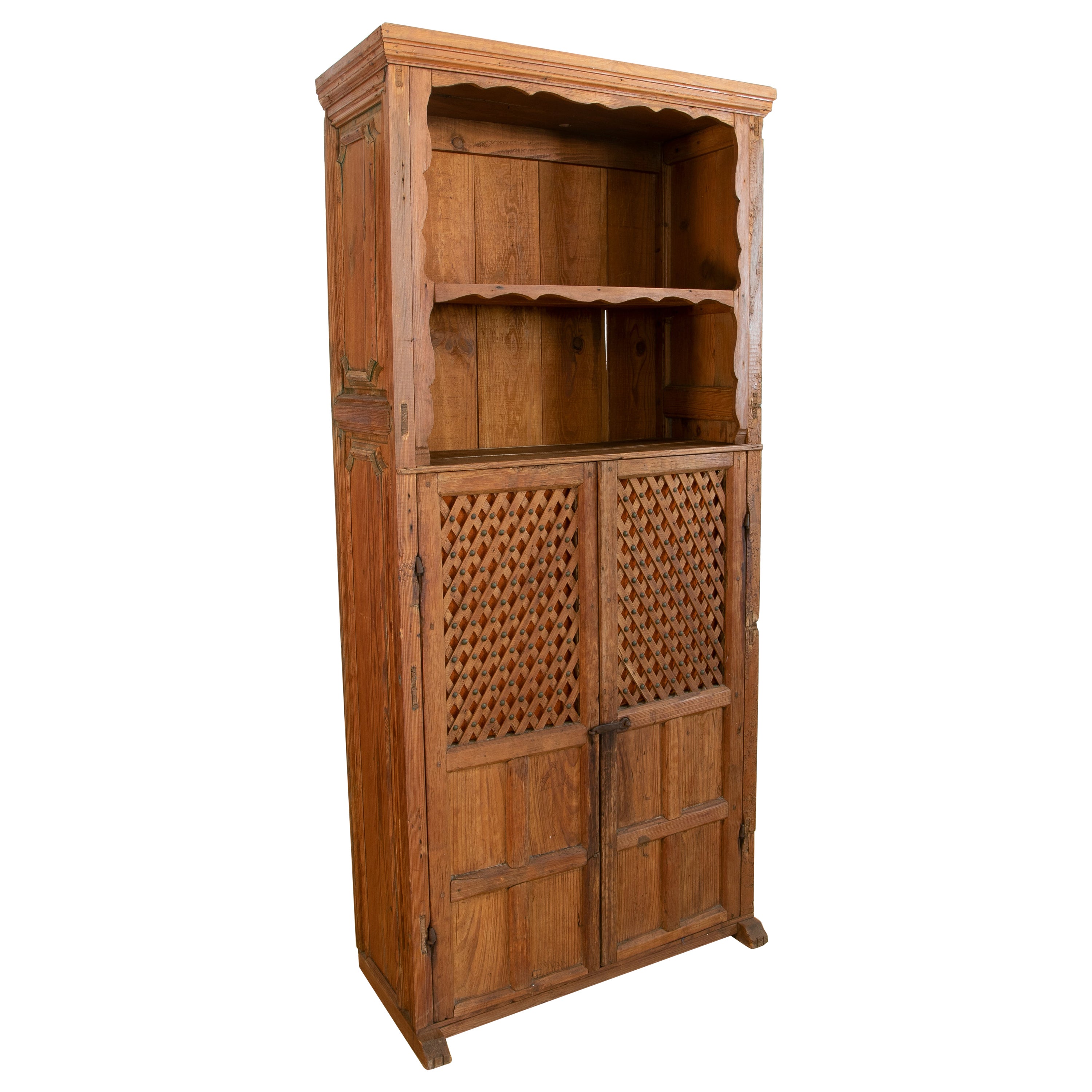 Spanish Wooden Cupboard with Shelves and Lattice Doors For Sale