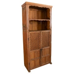 Vintage Spanish Wooden Cupboard with Shelves and Lattice Doors