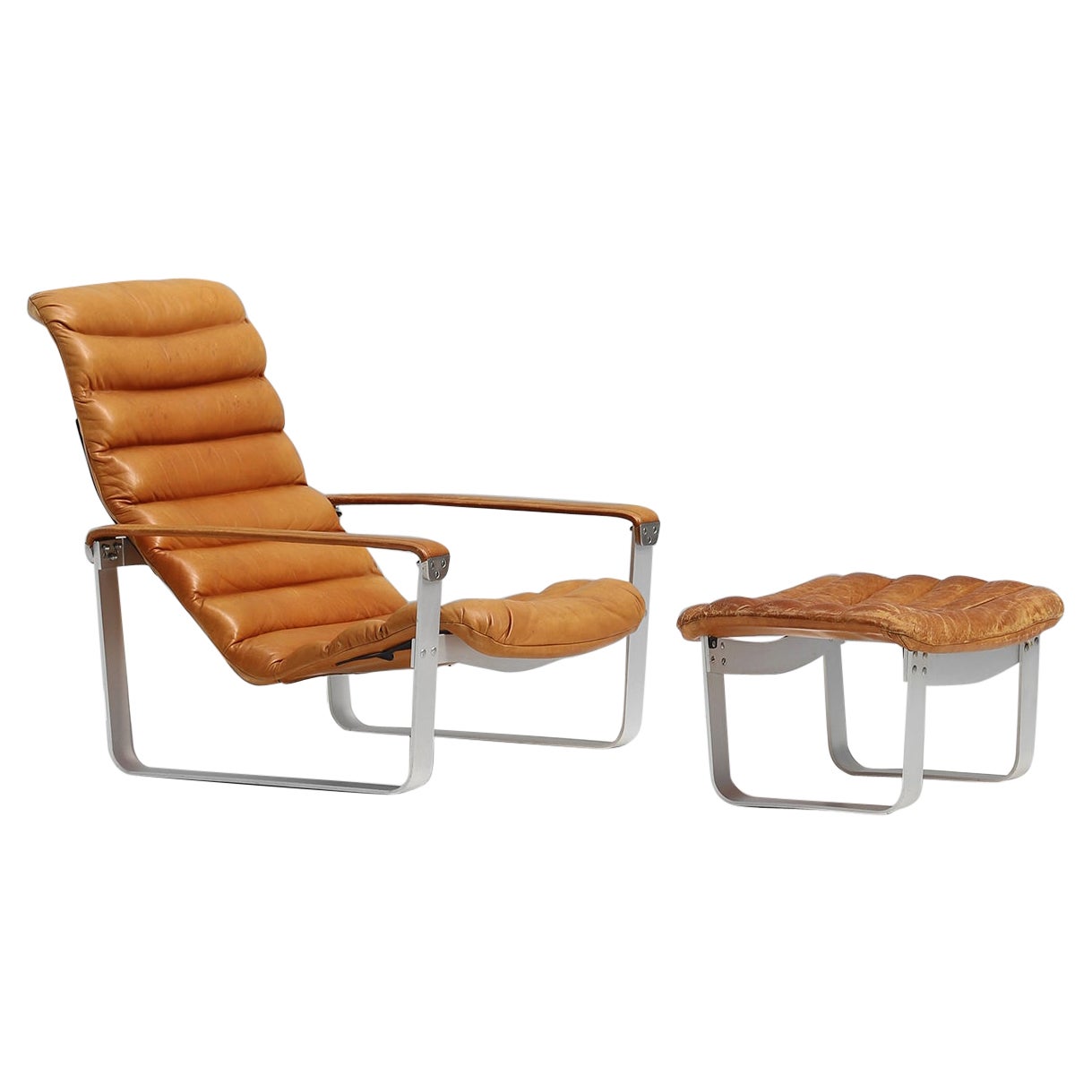 Cognac Leather Lounge Chair with Ottoman by Ilmari Lappalainen for Asko 1960s