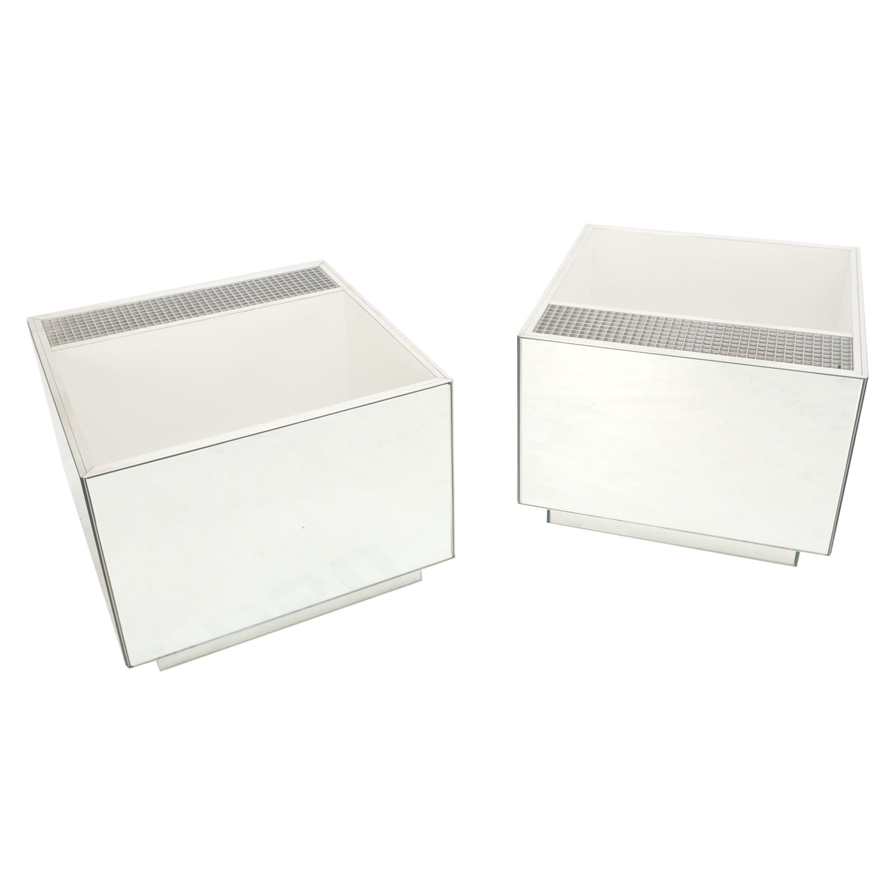 Pair of Very Fine Mirrored Box Planters Lights Stainless Steel Cases For Sale