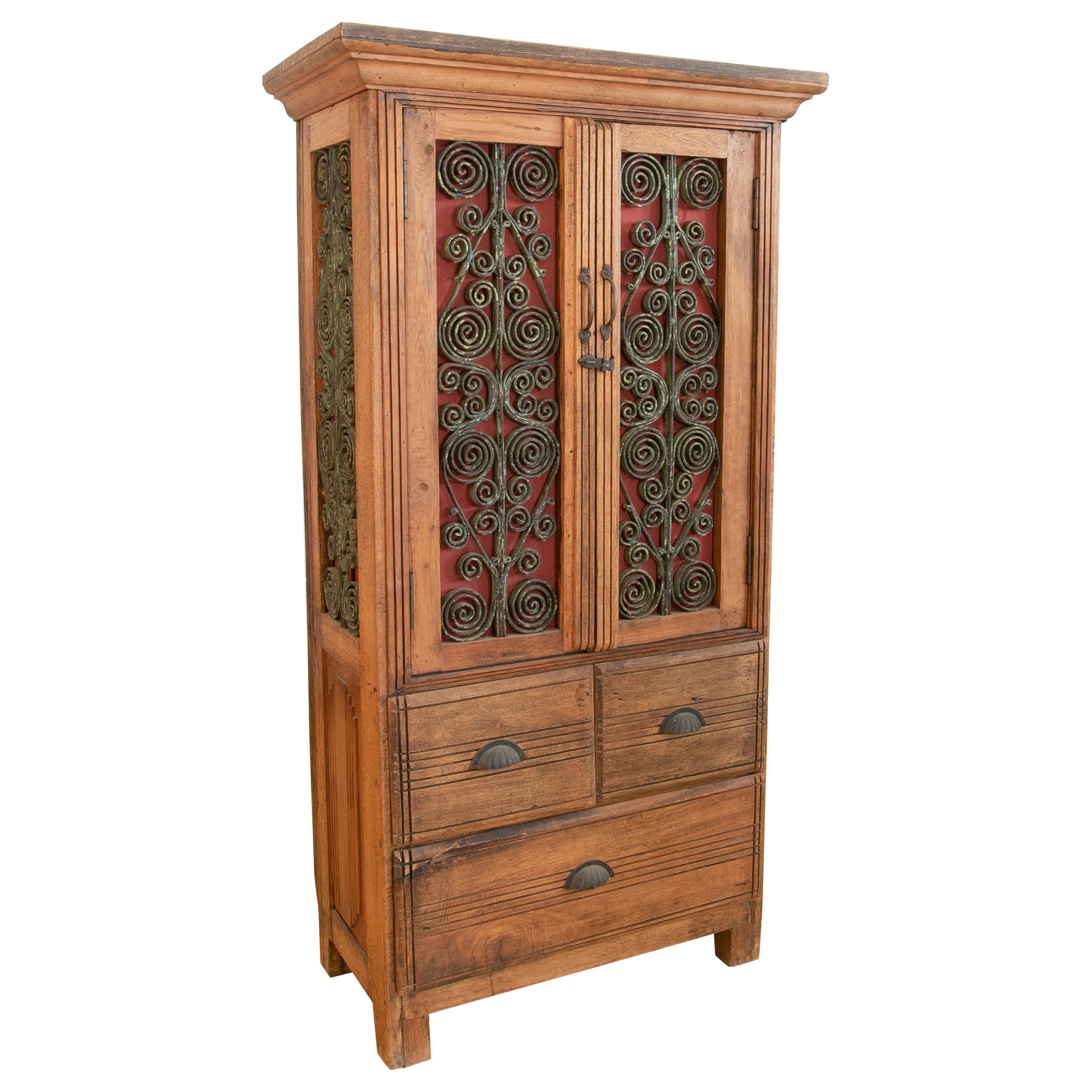Wooden Wardrobe with Iron Decorated Doors and Three Drawers