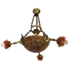 Amber Alabaster Bowl Chandelier with Floral Lampshades and Dragons, France