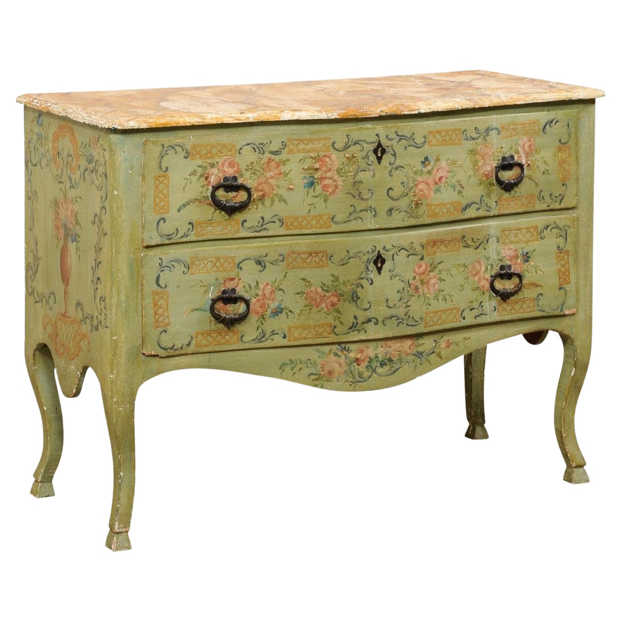 Charmante commode serpentine italienne peinte à la main avec urne et motif floral, 19e siècle