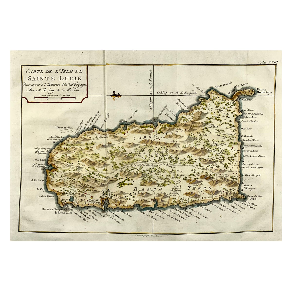 Jacques Nicolas Bellin, St. Lucia, Westindische Inseln, handgefärbte Karte im Angebot