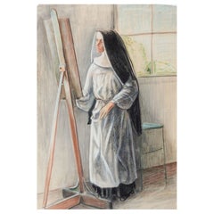 Vintage Mid-Century Pastel Portrait Drawing of Artist Nun
